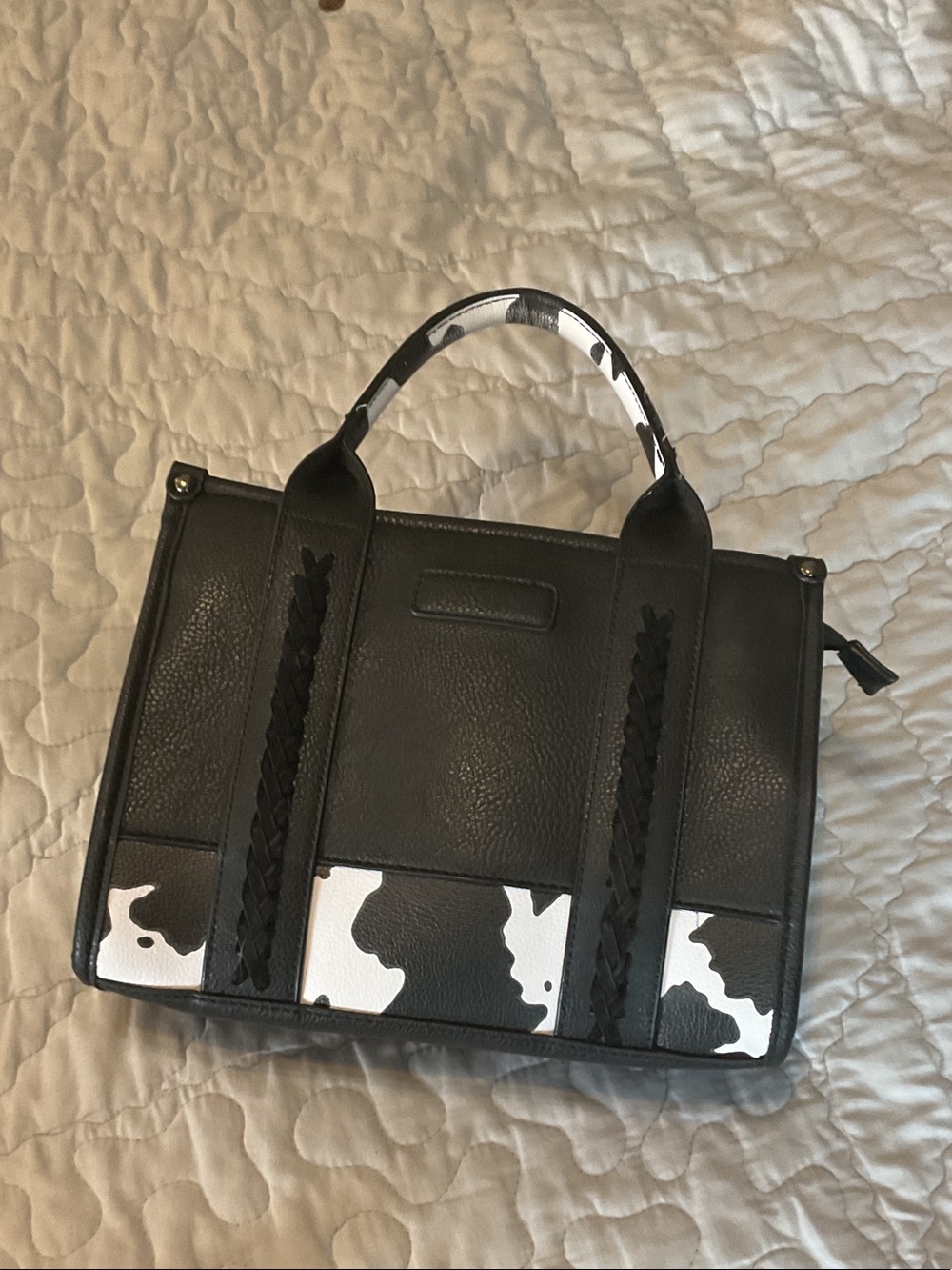 Black and White Cow Print Top-Handle Purse with detachable crossbody strap